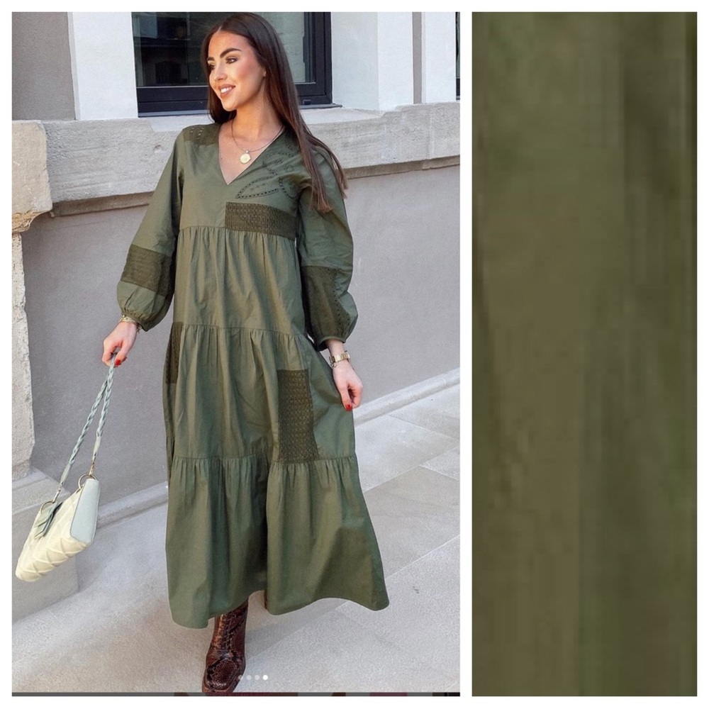 Zara Olive Patchwork V-Neck Tiered Midi Dress - Picture 5 of 16